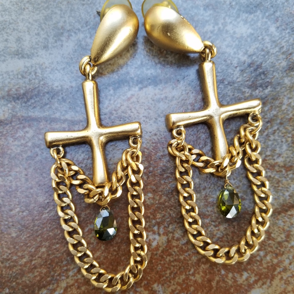 Cross & Chain Drop Gold Earrings